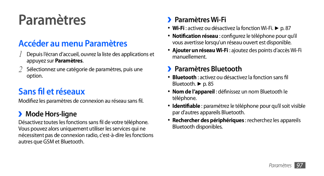 Samsung GT-S5570CWAXEF, GT-S5570EGABOG, GT-S5570AAALPM, GT-S5570AAASFR Accéder au menu Paramètres, Sans fil et réseaux 