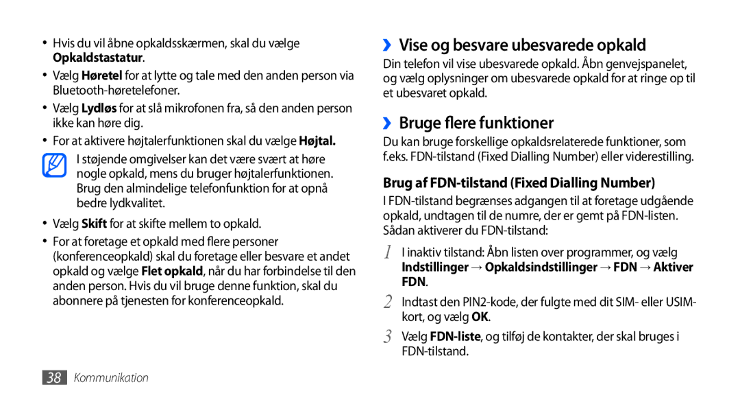 Samsung GT-S5570MOANEE manual ››Vise og besvare ubesvarede opkald, ››Bruge flere funktioner, Kort, og vælg OK, FDN-tilstand 