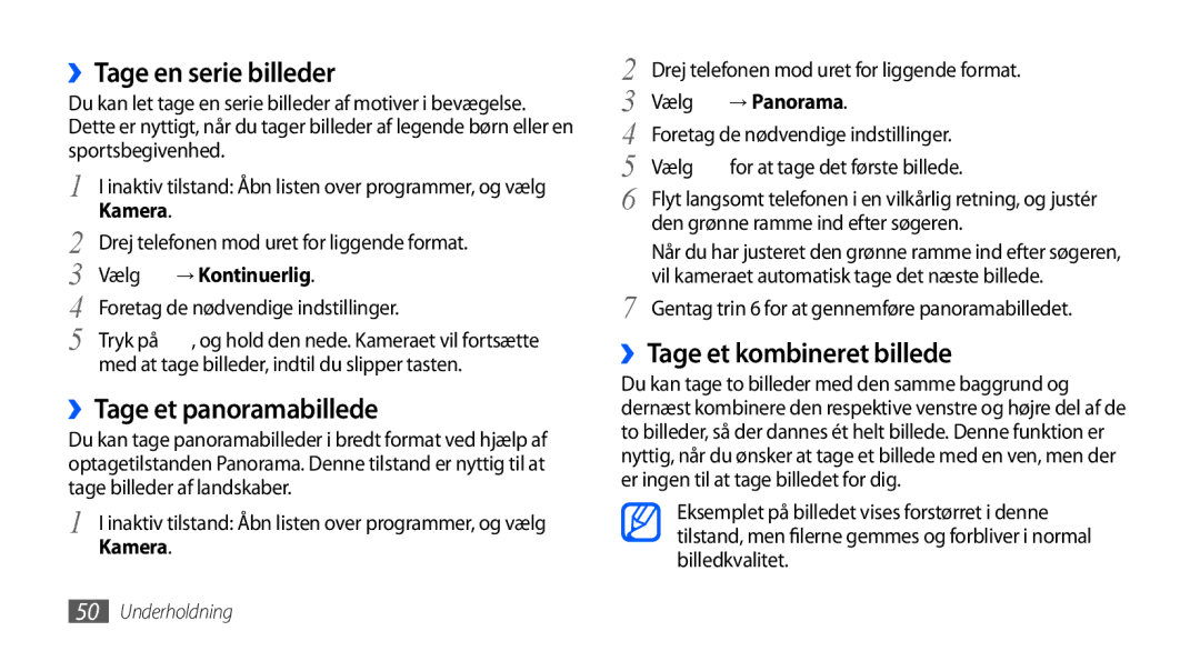 Samsung GT-S5570EGANEE manual ››Tage en serie billeder, ››Tage et panoramabillede, ››Tage et kombineret billede, Kamera 