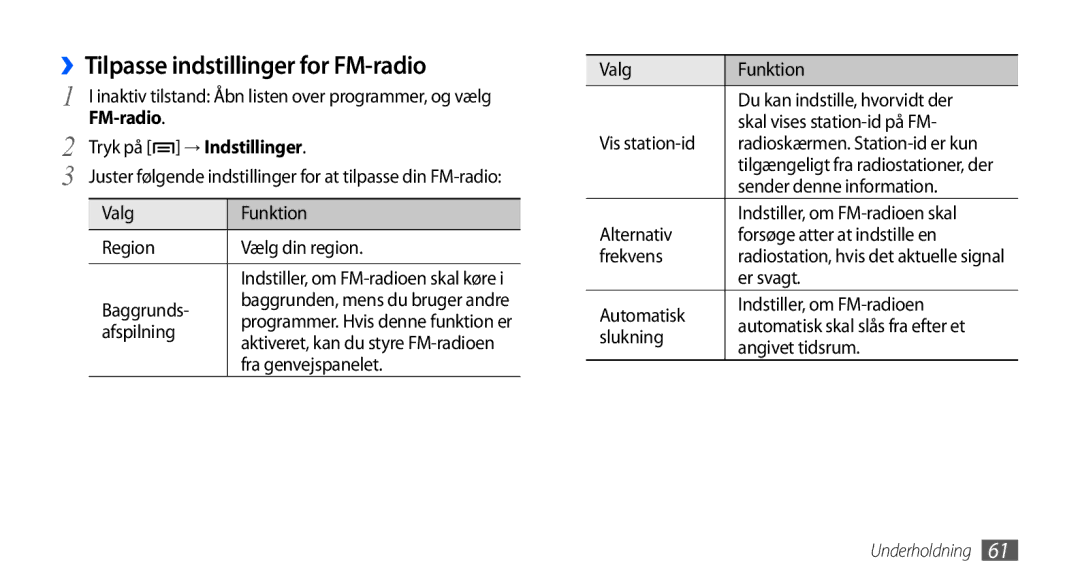 Samsung GT-S5570AAANEE, GT-S5570EGANEE, GT-S5570MAANEE, GT-S5570MOANEE, GT-S5570CWANEE ››Tilpasse indstillinger for FM-radio 