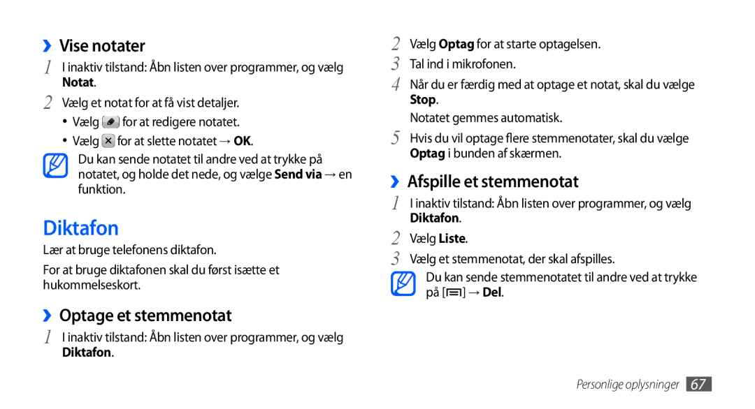 Samsung GT-S5570MAANEE, GT-S5570EGANEE manual Diktafon, ››Vise notater, ››Optage et stemmenotat, ››Afspille et stemmenotat 