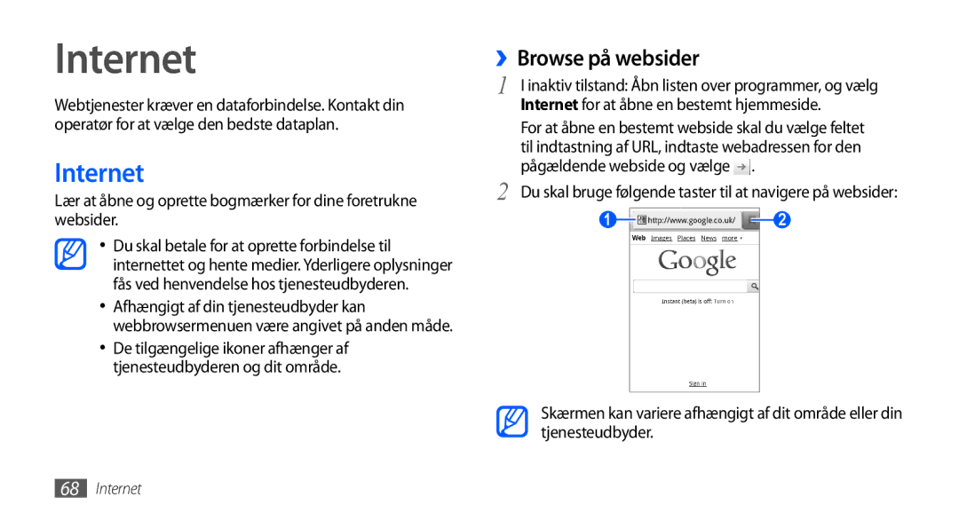 Samsung GT-S5570MOANEE, GT-S5570EGANEE, GT-S5570AAANEE, GT-S5570MAANEE, GT-S5570CWANEE manual Internet, ››Browse på websider 