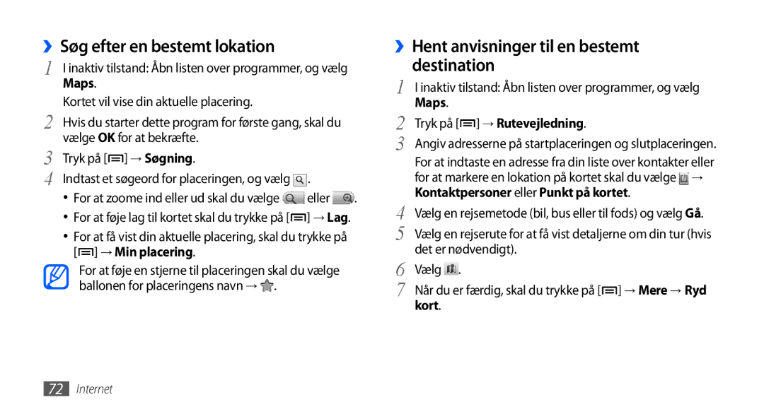 Samsung GT-S5570MAANEE manual ››Søg efter en bestemt lokation, ››Hent anvisninger til en bestemt Destination, Maps 