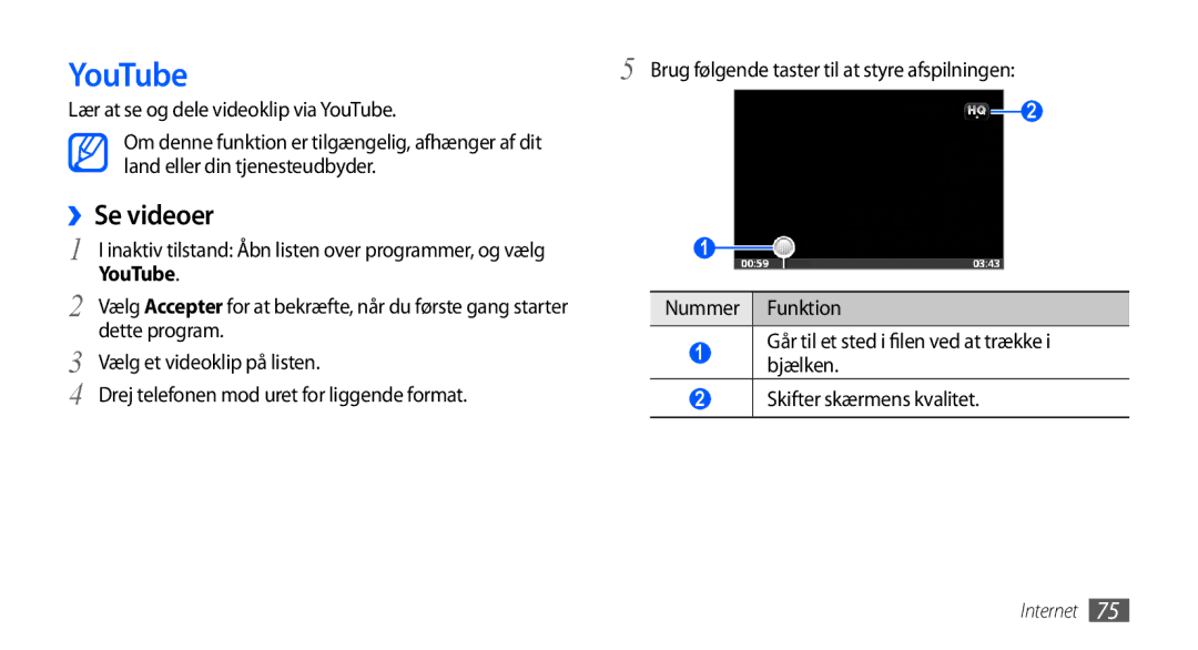 Samsung GT-S5570EGANEE, GT-S5570AAANEE manual ››Se videoer, Lær at se og dele videoklip via YouTube, Dette program 