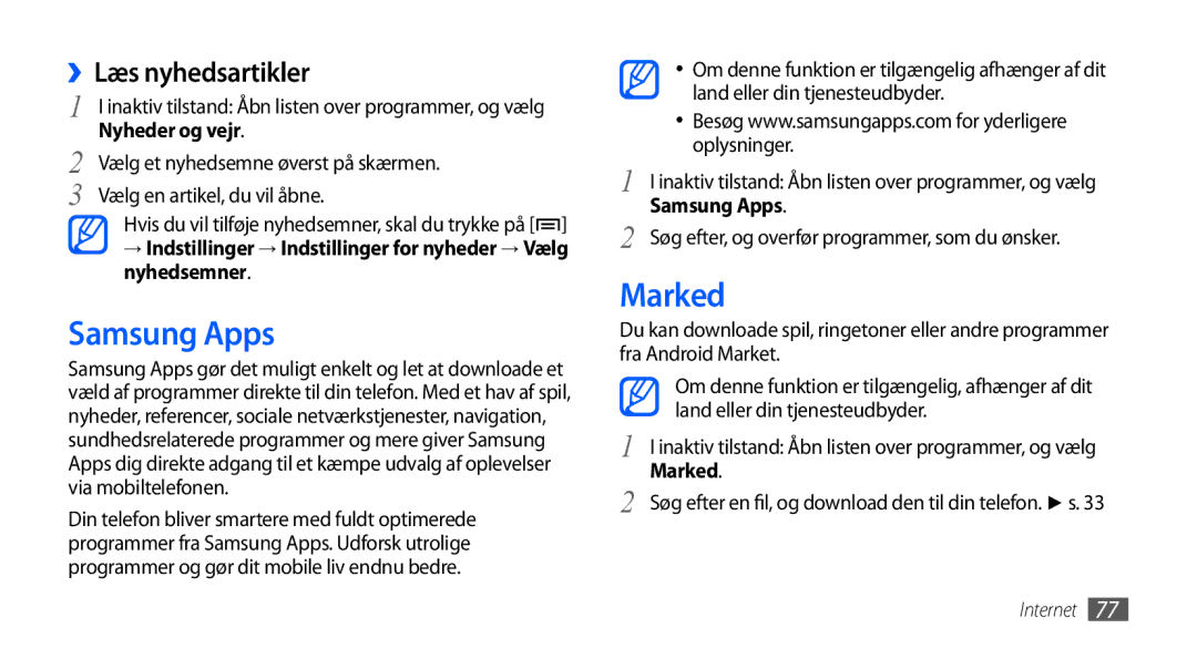 Samsung GT-S5570MAANEE, GT-S5570EGANEE, GT-S5570AAANEE, GT-S5570MOANEE manual Samsung Apps, Marked, ››Læs nyhedsartikler 