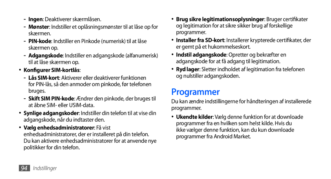 Samsung GT-S5570CWANEE, GT-S5570EGANEE, GT-S5570AAANEE, GT-S5570MAANEE, GT-S5570MOANEE Programmer, Konfigurer SIM-kortlås 