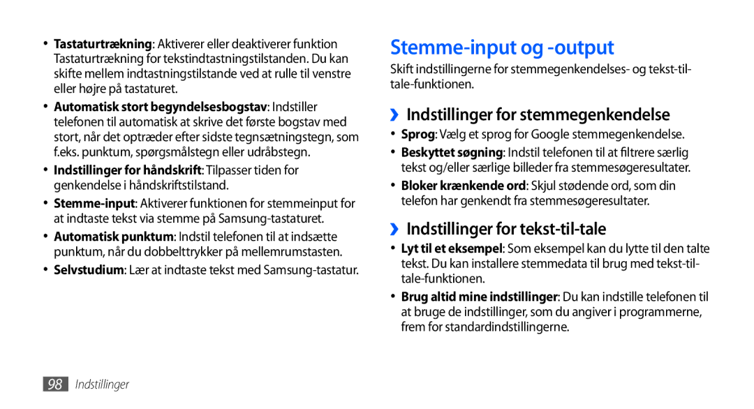 Samsung GT-S5570MOANEE Stemme-input og -output, ››Indstillinger for stemmegenkendelse, ››Indstillinger for tekst-til-tale 