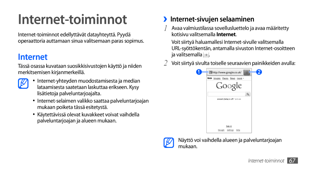 Samsung GT-S5570MAANEE, GT-S5570EGANEE, GT-S5570AAANEE, GT-S5570MOANEE Internet-toiminnot, ››Internet-sivujen selaaminen 