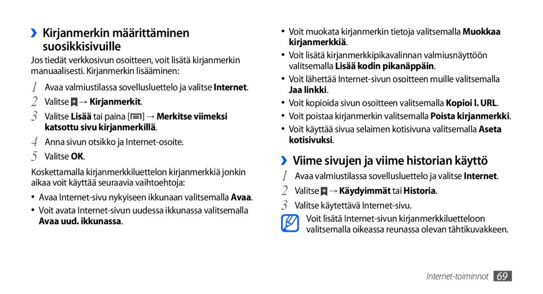 Samsung GT-S5570CWANEE manual ››Viime sivujen ja viime historian käyttö, ››Kirjanmerkin määrittäminen suosikkisivuille 