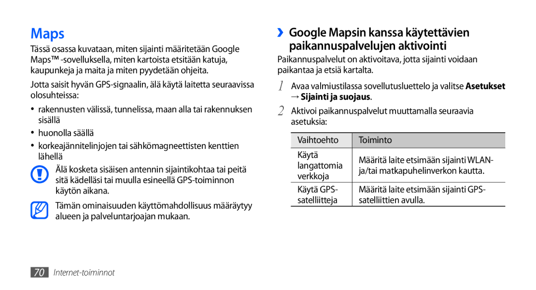 Samsung GT-S5570EGANEE, GT-S5570AAANEE manual Maps, → Sijainti ja suojaus, Asetuksia Vaihtoehto Toiminto Käytä, Verkkoja 