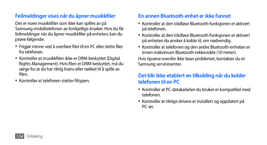 Samsung GT-S5570CWANEE manual Feilmeldinger vises når du åpner musikkfiler, Kontroller at telefonen støtter filtypen 