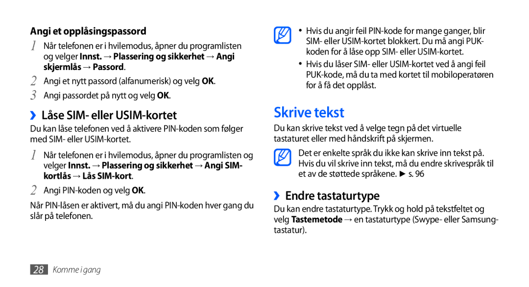 Samsung GT-S5570MOANEE manual Skrive tekst, ››Låse SIM- eller USIM-kortet, ››Endre tastaturtype, Skjermlås → Passord 