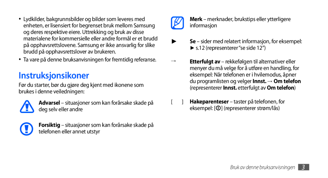 Samsung GT-S5570MOANEE Instruksjonsikoner, Merk merknader, brukstips eller ytterligere informasjon, Representererse side 