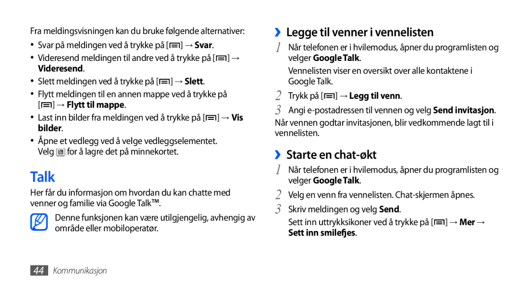 Samsung GT-S5570CWANEE, GT-S5570EGANEE manual ››Legge til venner i vennelisten, ››Starte en chat-økt, Velger Google Talk 