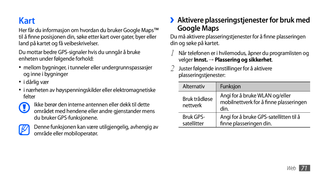 Samsung GT-S5570AAANEE, GT-S5570EGANEE, GT-S5570MAANEE manual Kart, Google Maps, ››Aktivere plasseringstjenester for bruk med 