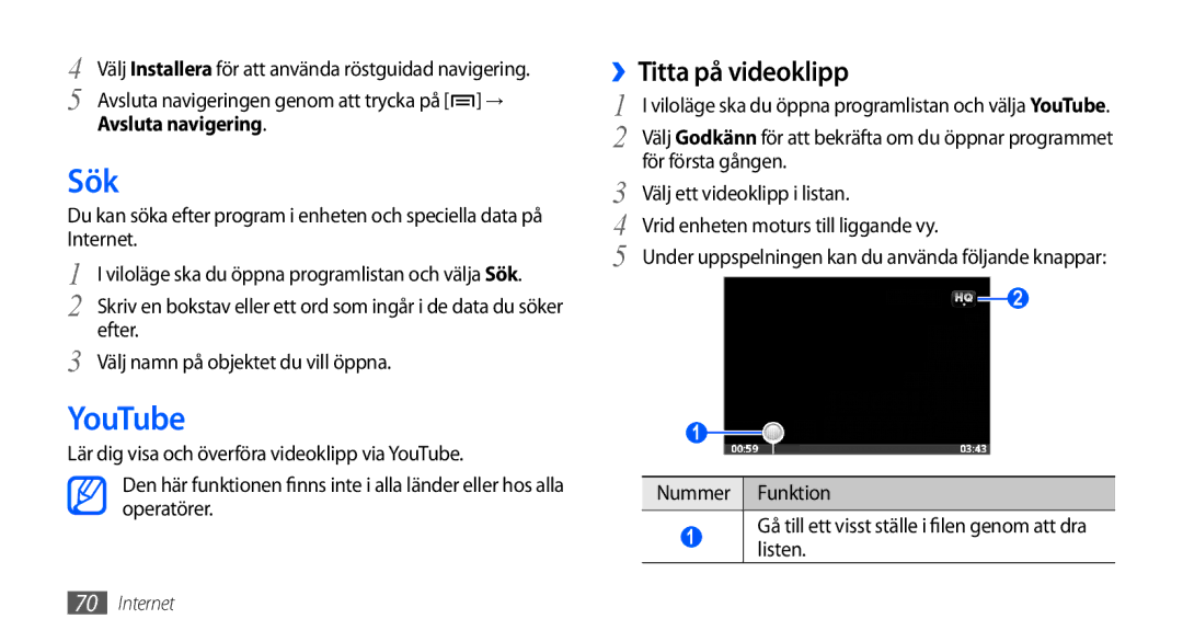 Samsung GT-S5570EGANEE, GT-S5570AAANEE, GT-S5570MAANEE manual Sök, YouTube, ››Titta på videoklipp, Avsluta navigering 