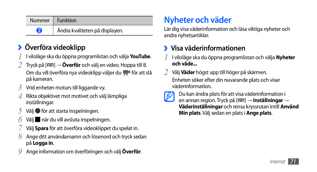 Samsung GT-S5570AAANEE, GT-S5570EGANEE, GT-S5570MAANEE Nyheter och väder, ››Överföra videoklipp, ››Visa väderinformationen 