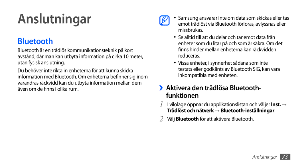 Samsung GT-S5570MOANEE, GT-S5570EGANEE, GT-S5570AAANEE manual Anslutningar, ››Aktivera den trådlösa Bluetooth- funktionen 