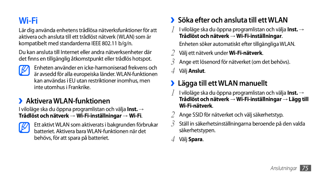 Samsung GT-S5570EGANEE, GT-S5570AAANEE manual Wi-Fi, ››Aktivera WLAN-funktionen, ››Söka efter och ansluta till ett Wlan 