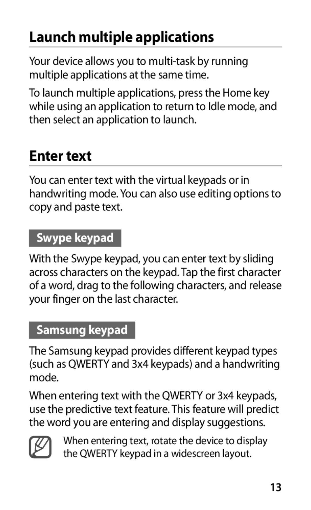 Samsung GT-S5570MOASER, GT-S5570EGASER manual Launch multiple applications, Enter text, Swype keypad, Samsung keypad 