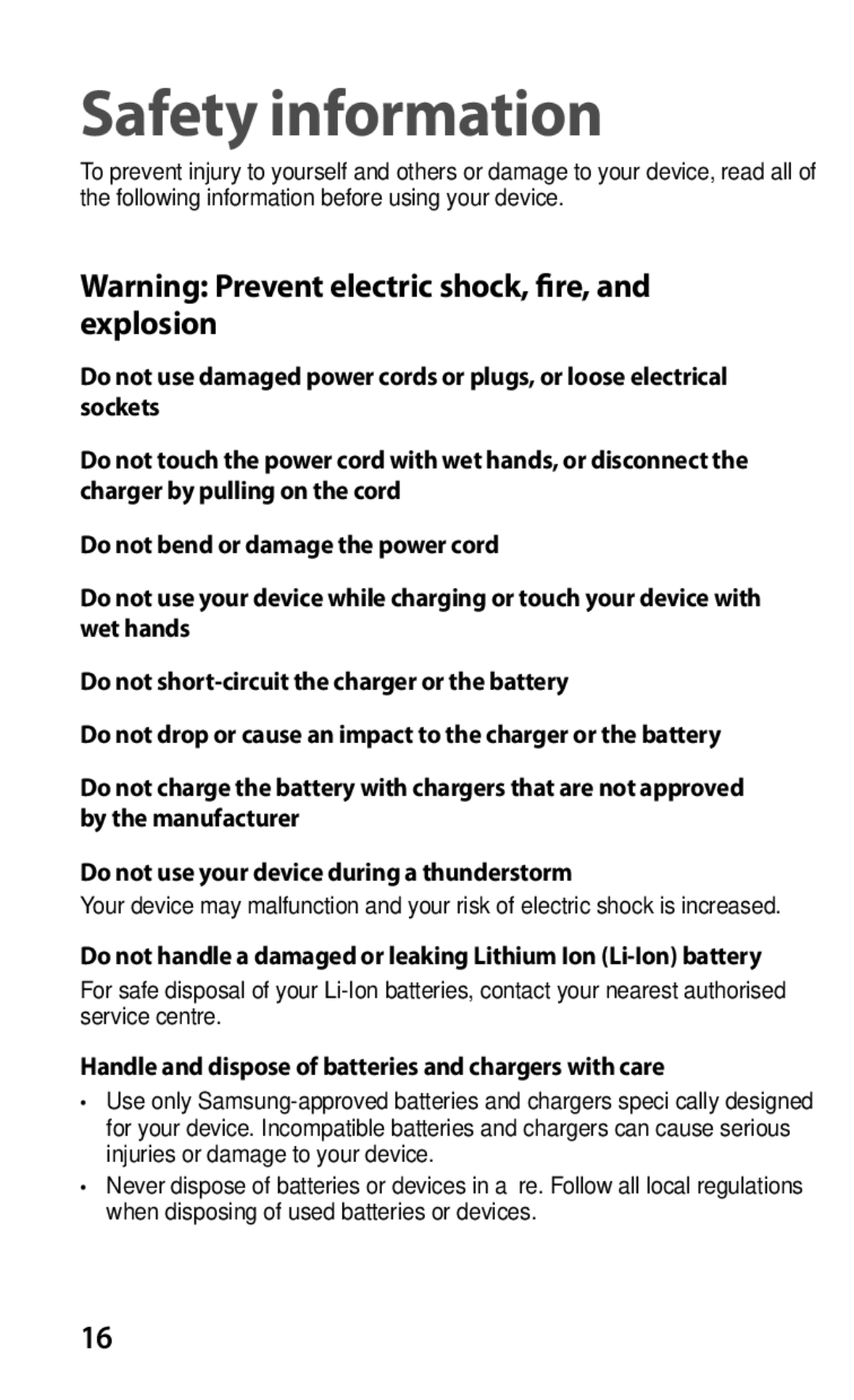 Samsung GT-S5570AAASER, GT-S5570EGASER manual Safety information, Handle and dispose of batteries and chargers with care 