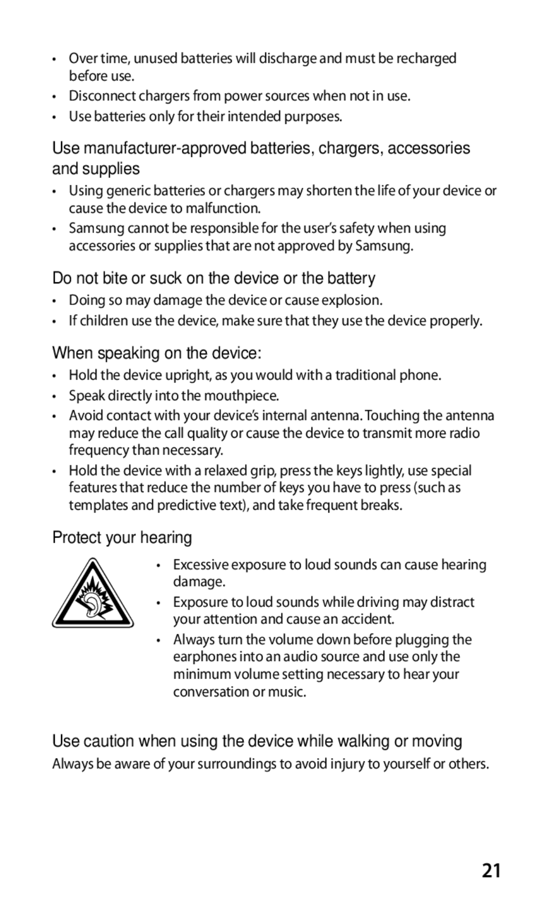 Samsung GT-S5570AAASER Do not bite or suck on the device or the battery, When speaking on the device, Protect your hearing 