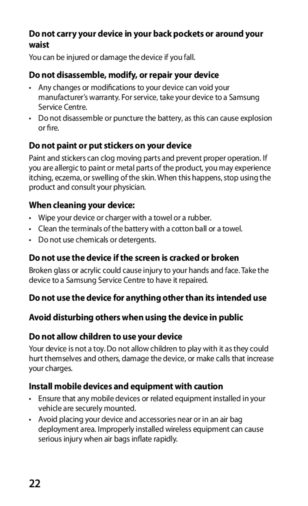 Samsung GT-S5570MAASER Do not disassemble, modify, or repair your device, Do not paint or put stickers on your device 