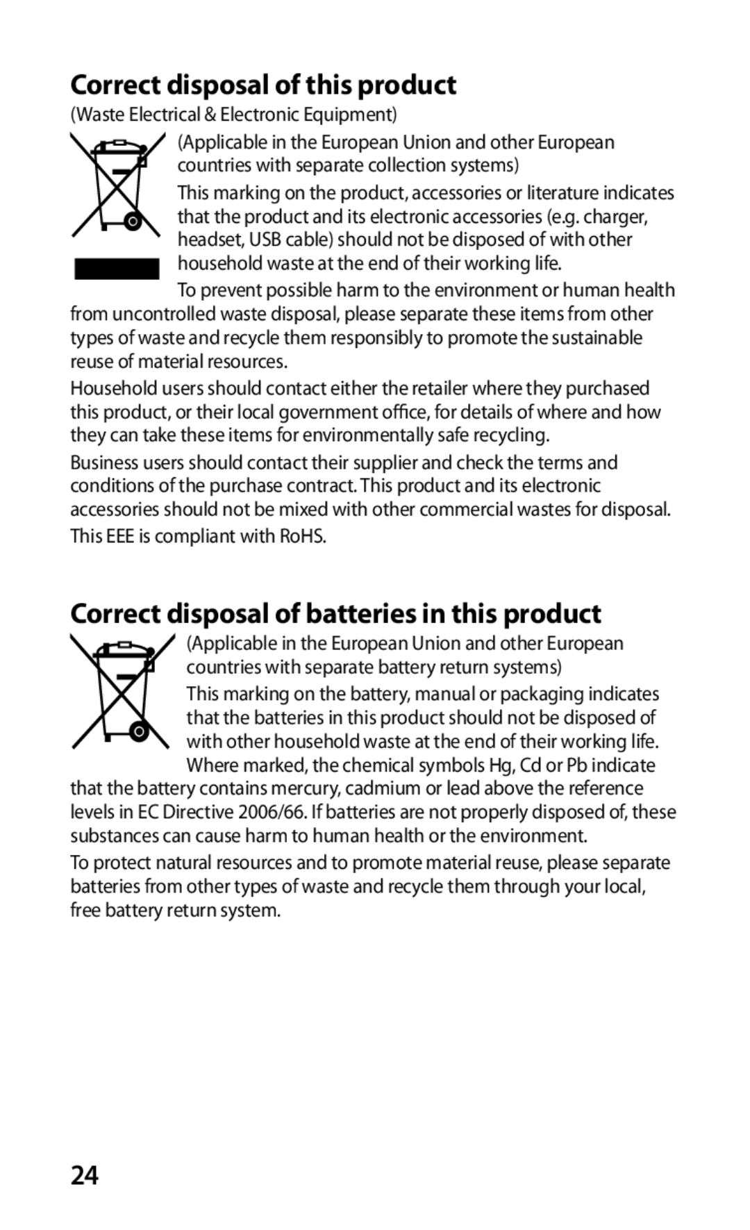 Samsung GT-S5570CWASER, GT-S5570EGASER, GT-S5570AAASER, GT-S5570MAASER, GT-S5570MOASER manual Correct disposal of this product 