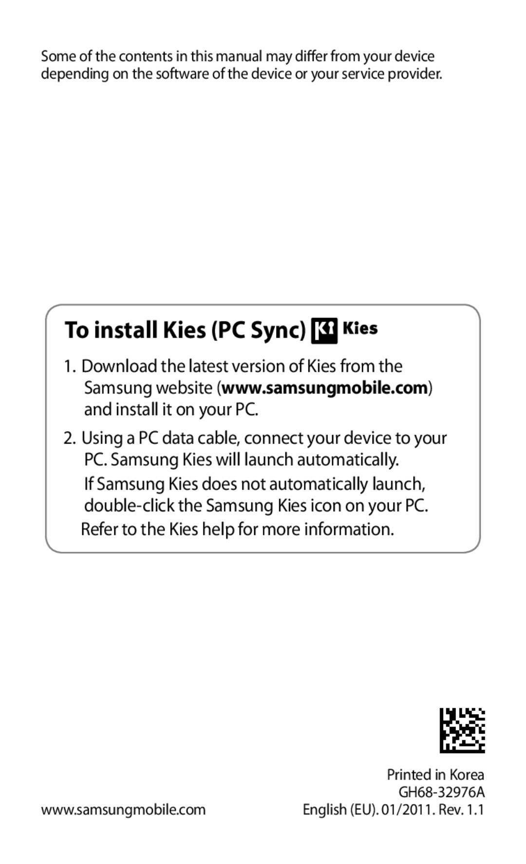 Samsung GT-S5570MOASER, GT-S5570EGASER, GT-S5570AAASER, GT-S5570MAASER, GT-S5570CWASER manual To install Kies PC Sync 