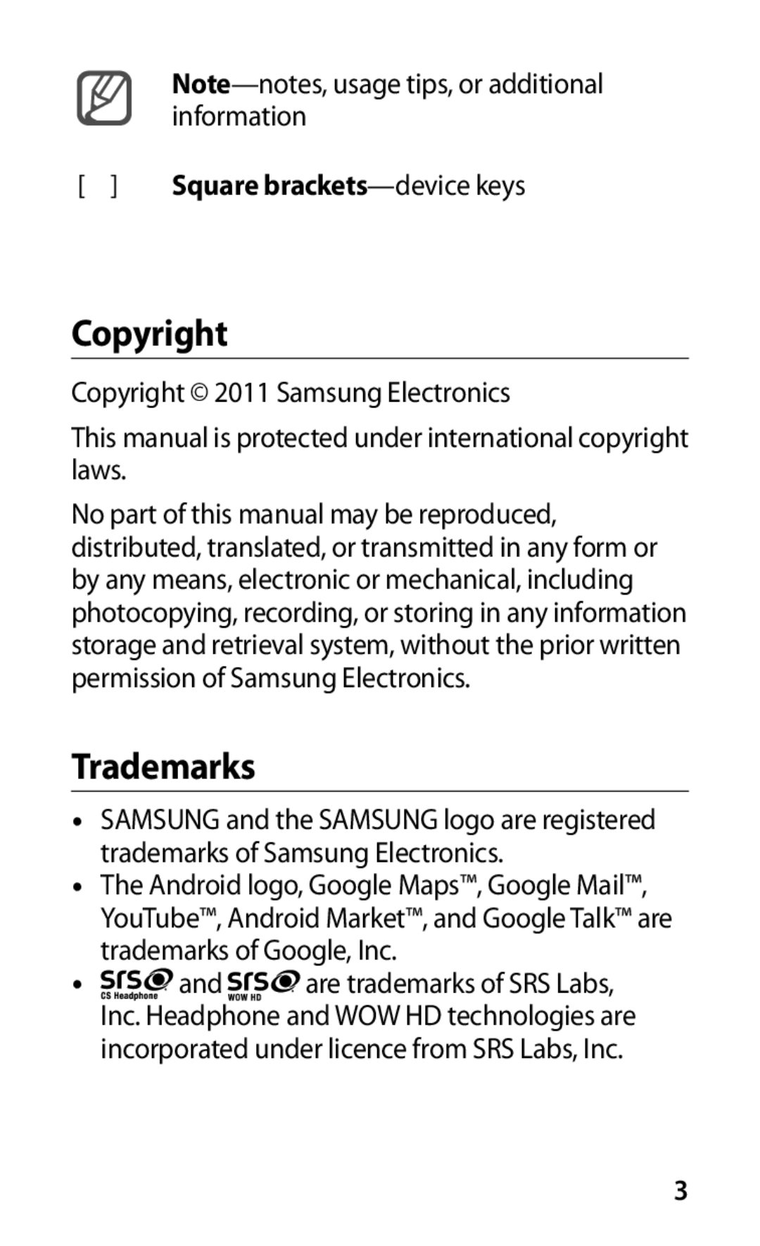 Samsung GT-S5570MOASER, GT-S5570EGASER, GT-S5570AAASER, GT-S5570MAASER, GT-S5570CWASER manual Copyright, Trademarks 