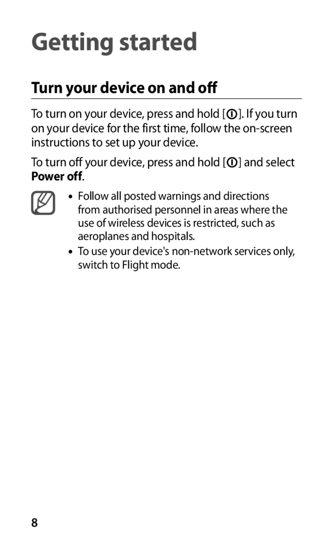 Samsung GT-S5570MOASER, GT-S5570EGASER, GT-S5570AAASER, GT-S5570MAASER manual Getting started, Turn your device on and off 