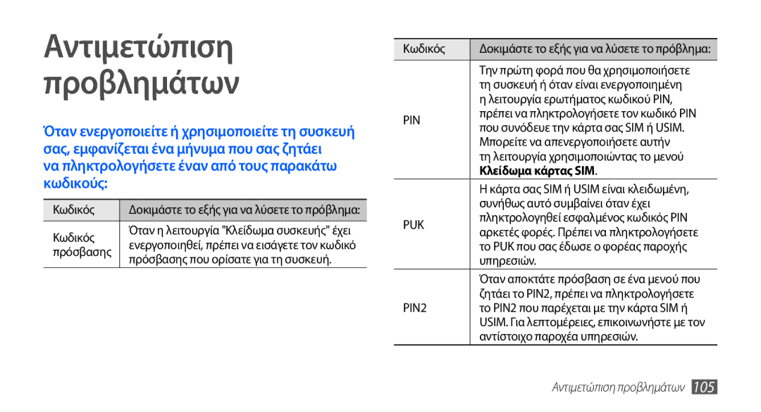 Samsung GT-S5570AAACYO, GT-S5570EGAVGR manual Αντιμετώπιση Προβλημάτων, Κλείδωμα κάρτας SIM, Αντιμετώπιση προβλημάτων 