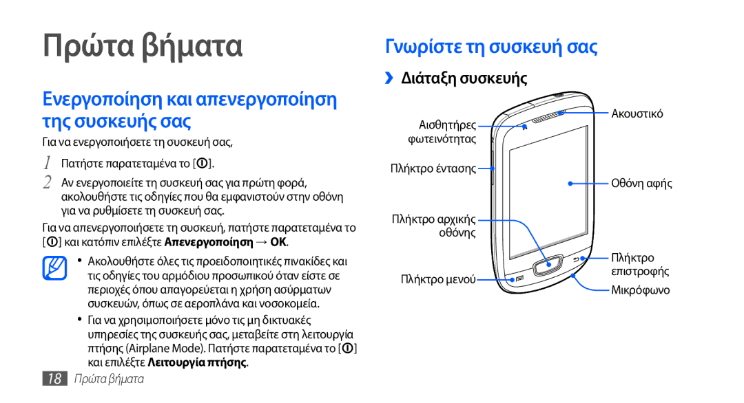 Samsung GT-S5570CWACYO, GT-S5570EGAVGR, GT-S5570EGAEUR Γνωρίστε τη συσκευή σας, ››Διάταξη συσκευής, 18 Πρώτα βήματα 