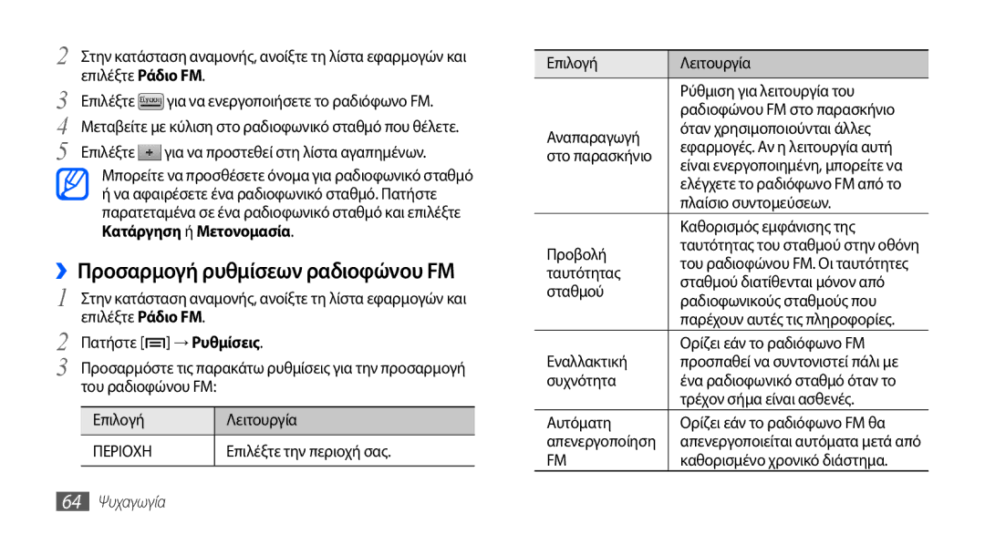 Samsung GT-S5570EGACYO, GT-S5570EGAVGR, GT-S5570EGAEUR, GT-S5570CWAEUR ››Προσαρμογή ρυθμίσεων ραδιοφώνου FM, 64 Ψυχαγωγία 