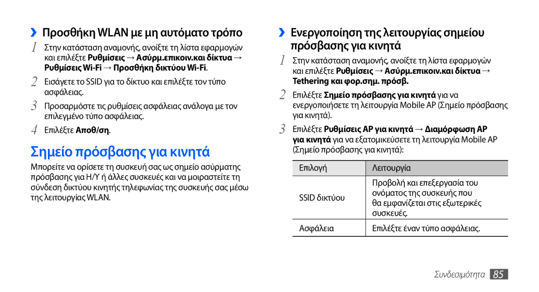 Samsung GT-S5570EGAEUR Σημείο πρόσβασης για κινητά, ››Προσθήκη Wlan με μη αυτόματο τρόπο, Tethering και φορ.σημ. πρόσβ 