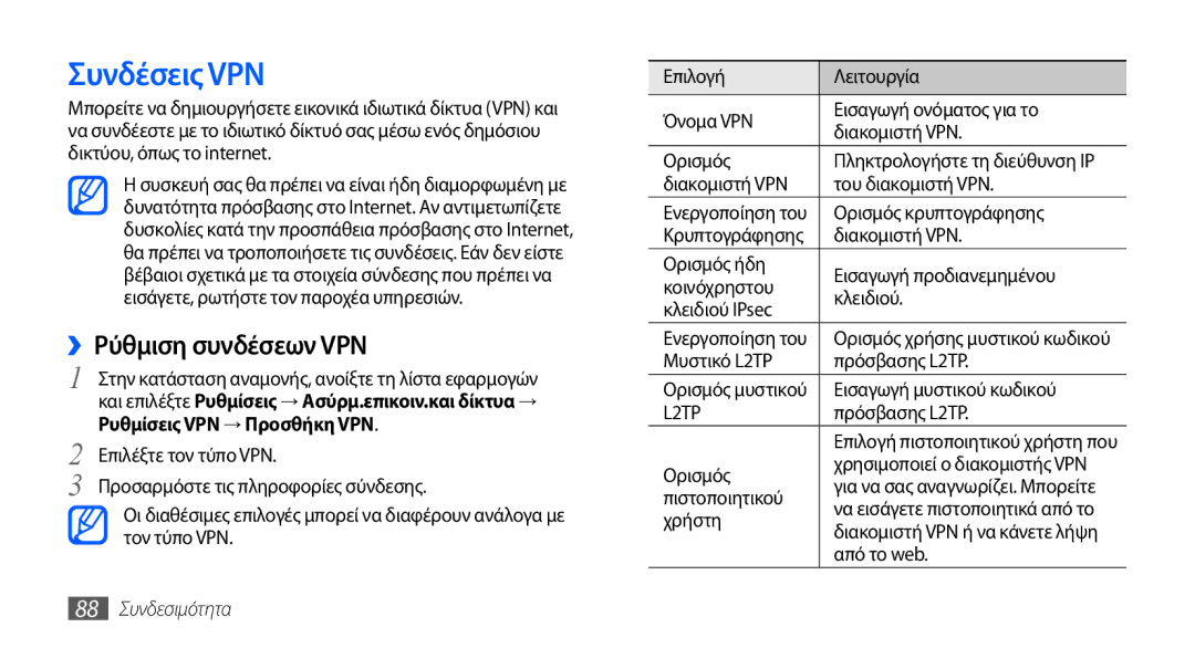 Samsung GT-S5570EGACYO manual Συνδέσεις VPN, ››Ρύθμιση συνδέσεων VPN, Ρυθμίσεις VPN → Προσθήκη VPN, 88 Συνδεσιμότητα 