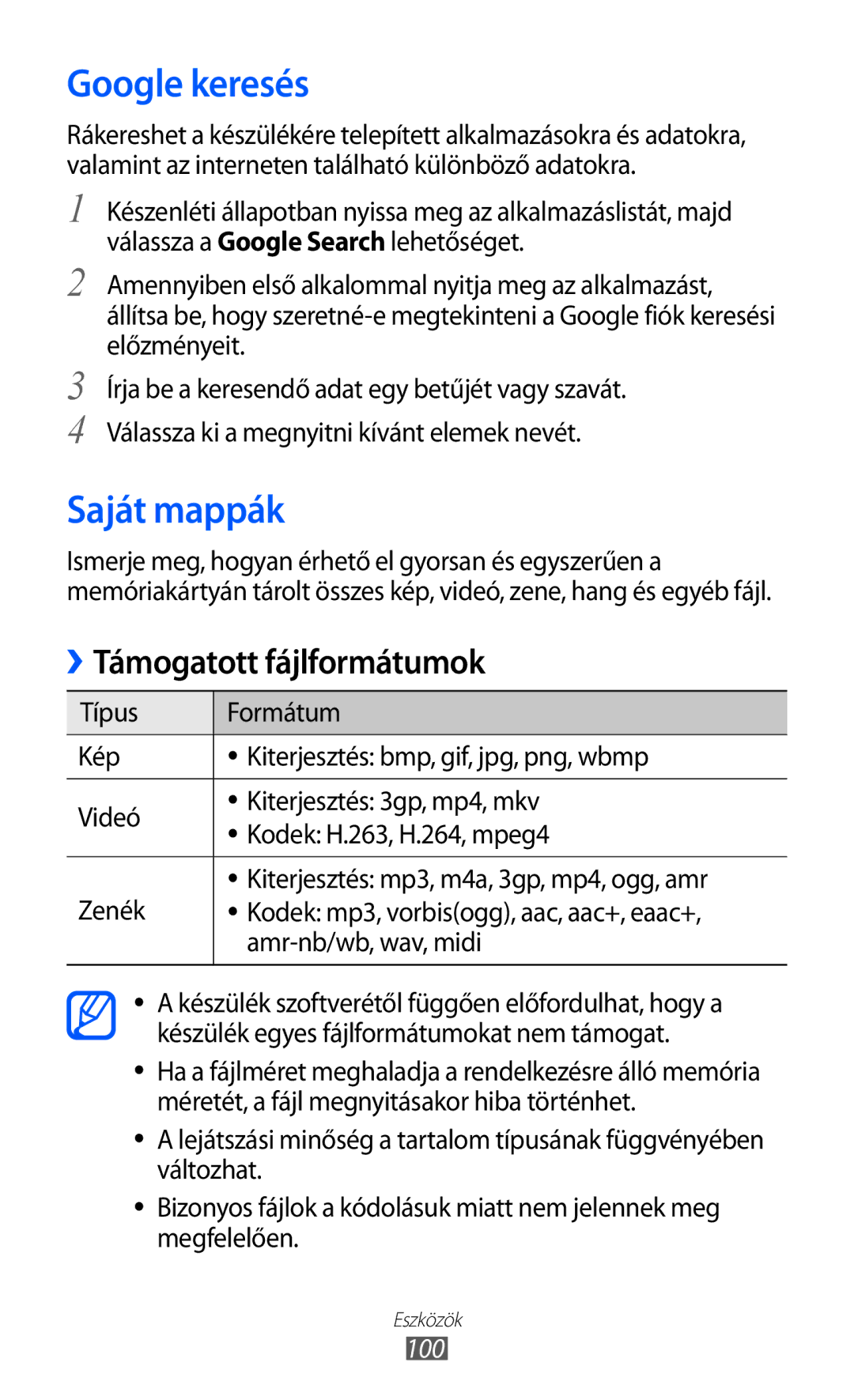 Samsung GT2S5570EGIXEH, GT-S5570EGIITV, GT-S5570CWIDBT manual Google keresés, Saját mappák, Amr-nb/wb, wav, midi, 100 