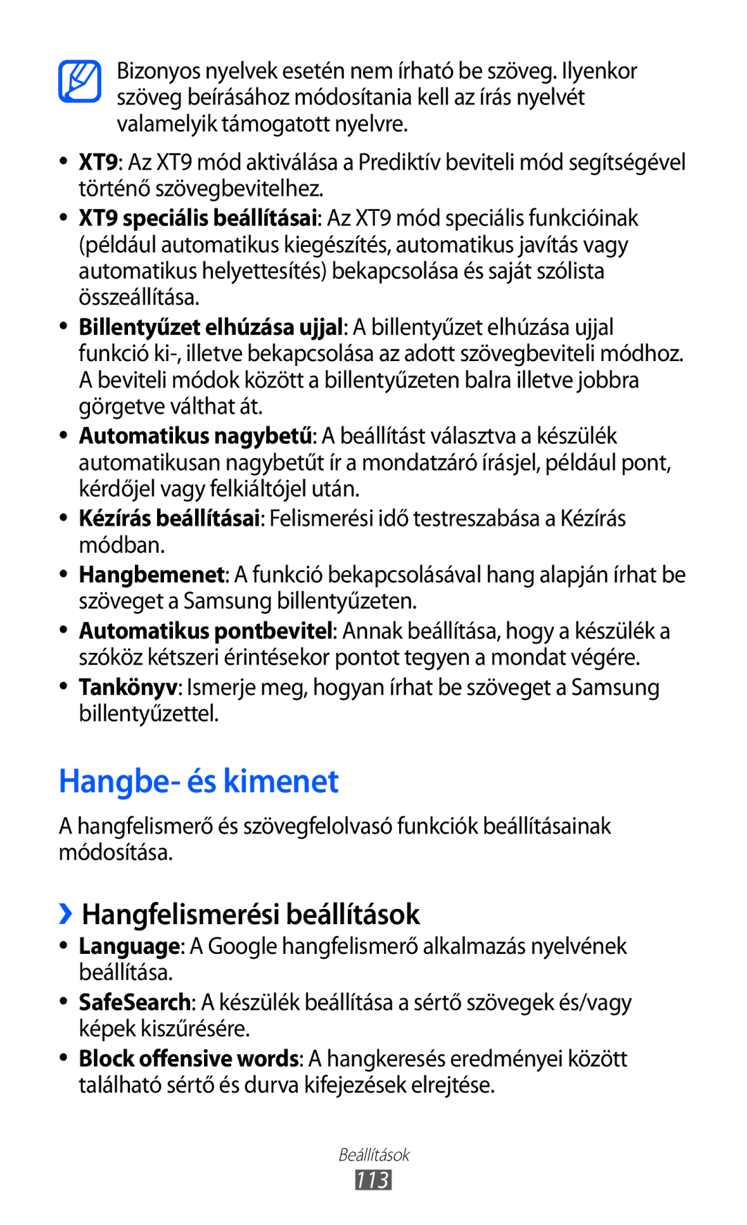 Samsung GT-S5570AAIPAN, GT-S5570EGIITV, GT-S5570CWIDBT manual Hangbe- és kimenet, ››Hangfelismerési beállítások, 113 