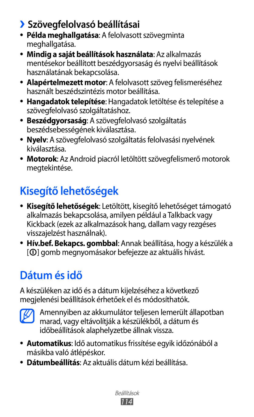 Samsung GT-S5570AAIVDH, GT-S5570EGIITV manual Kisegítő lehetőségek, Dátum és idő, ››Szövegfelolvasó beállításai, 114 