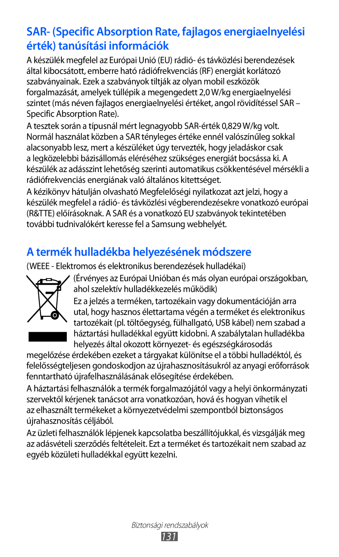 Samsung GT-S5570AAIXEZ, GT-S5570EGIITV, GT-S5570CWIDBT, GT-S5570CWIITV manual Termék hulladékba helyezésének módszere, 131 