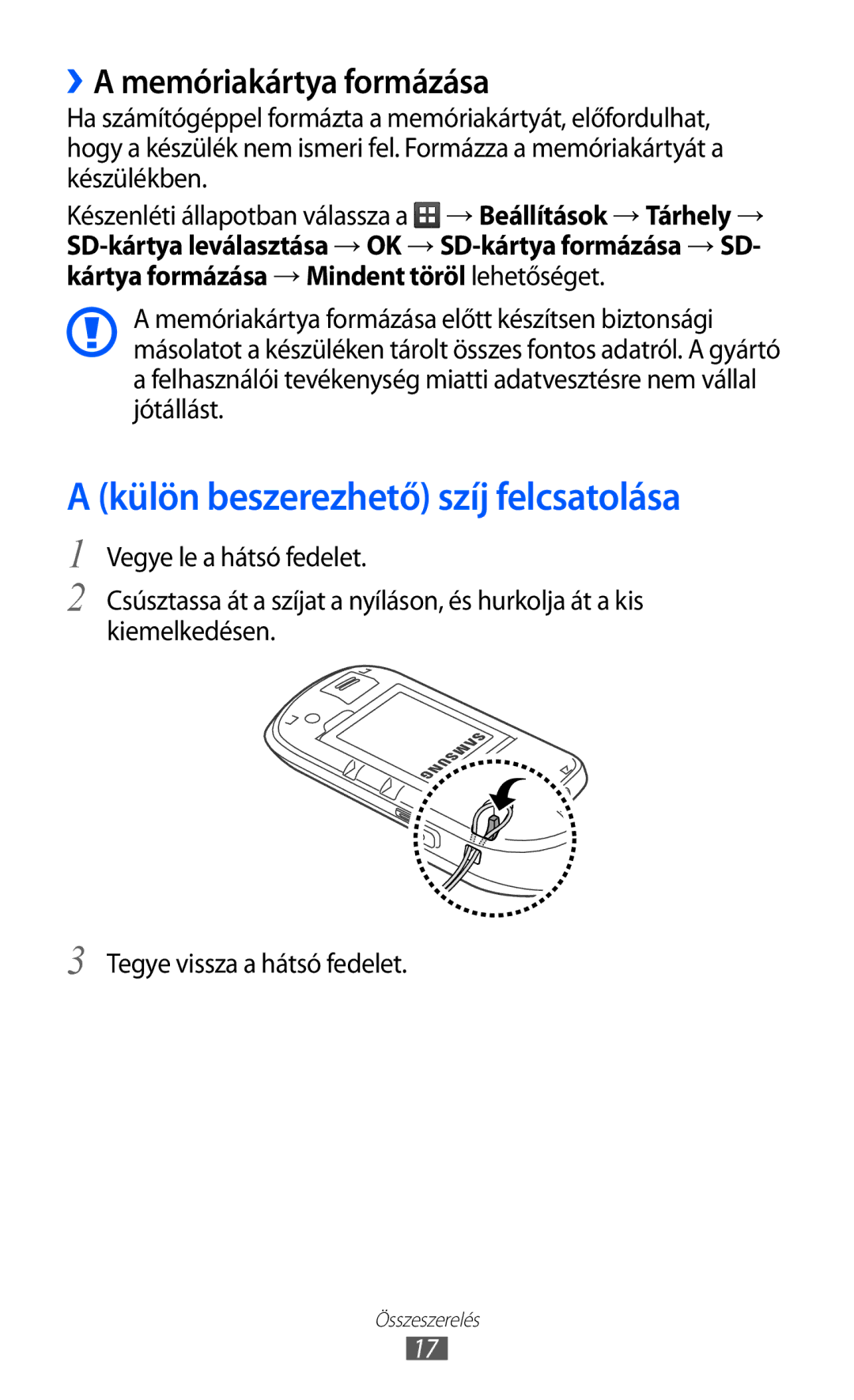 Samsung GT2S5570AAIXEH, GT-S5570EGIITV, GT-S5570CWIDBT Külön beszerezhető szíj felcsatolása, ››A memóriakártya formázása 