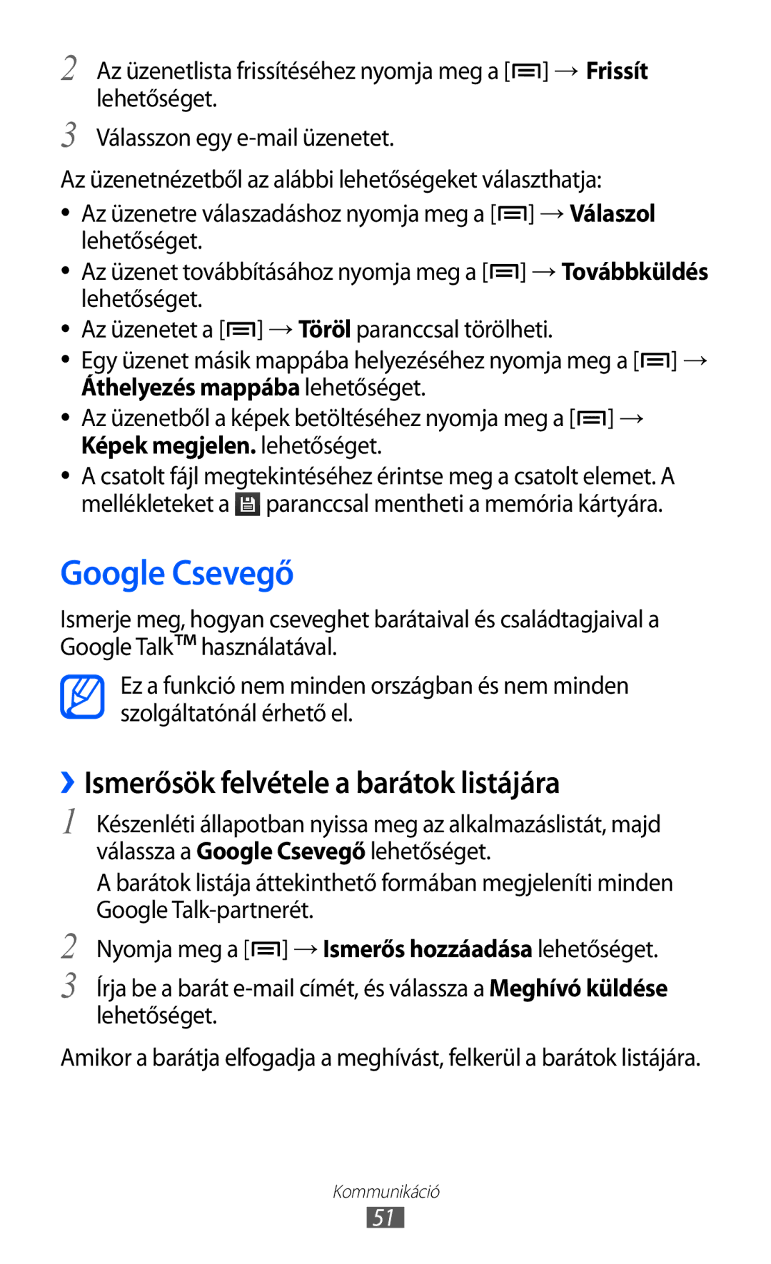 Samsung GT-S5570MAIORR, GT-S5570EGIITV, GT-S5570CWIDBT manual Google Csevegő, ››Ismerősök felvétele a barátok listájára 