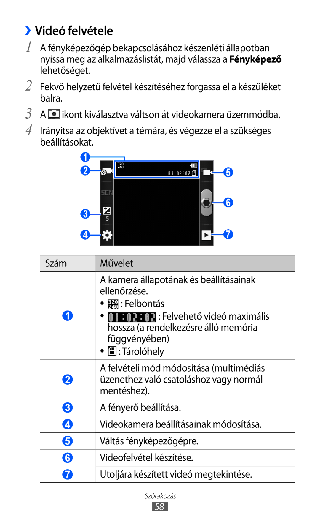 Samsung GT2S5570AAIXEH, GT-S5570EGIITV, GT-S5570CWIDBT, GT-S5570CWIITV, GT-S5570AAIDBT, GT-S5570EGIDBT manual ››Videó felvétele 