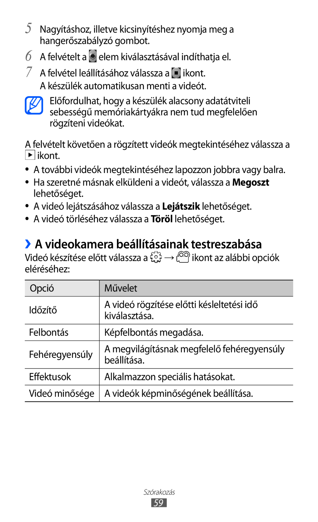 Samsung GT2S5570EGIXEH manual ››A videokamera beállításainak testreszabása, Effektusok Alkalmazzon speciális hatásokat 