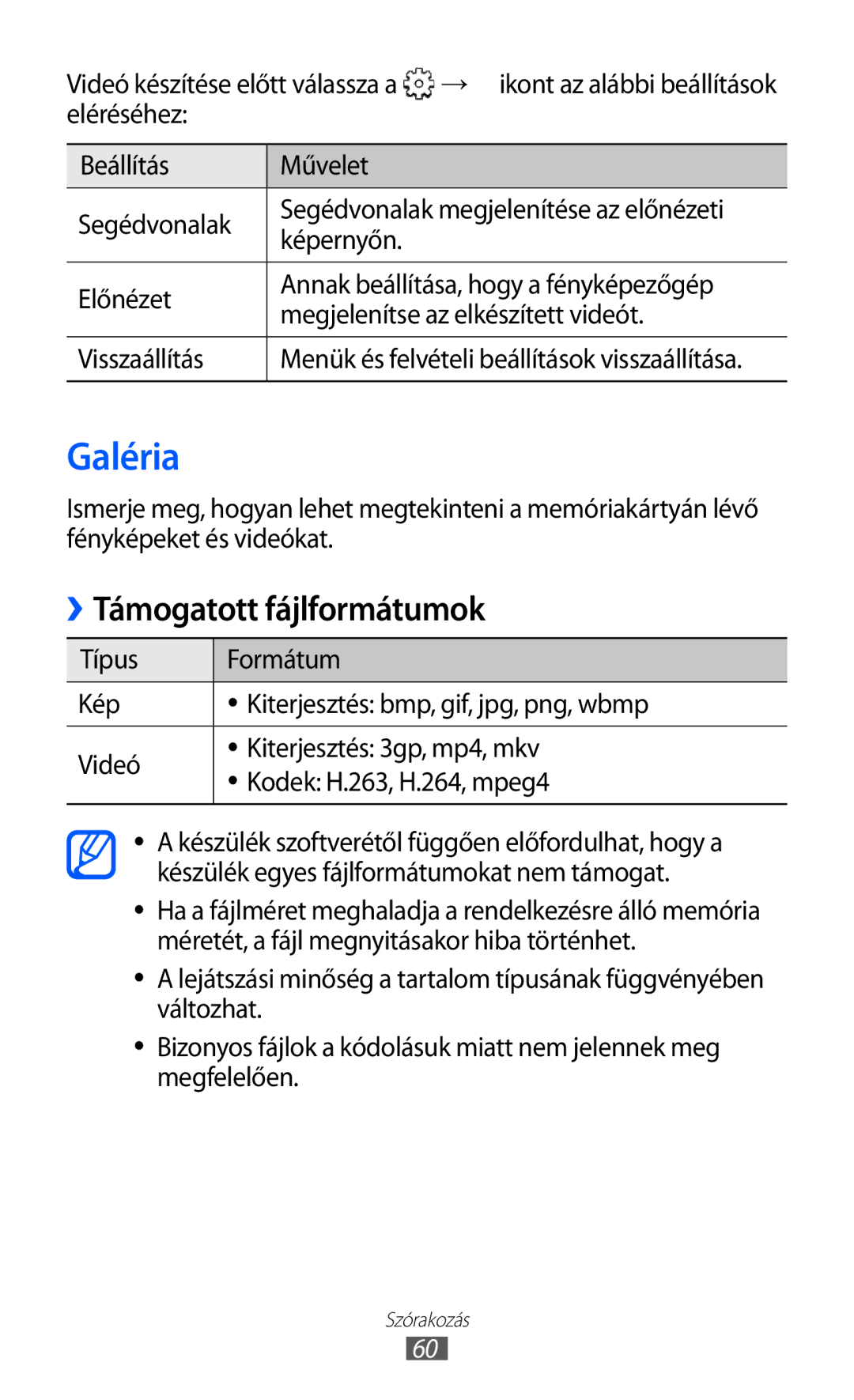 Samsung GT-S5570CWICOA, GT-S5570EGIITV, GT-S5570CWIDBT, GT-S5570CWIITV, GT-S5570AAIDBT Galéria, Támogatott fájlformátumok 