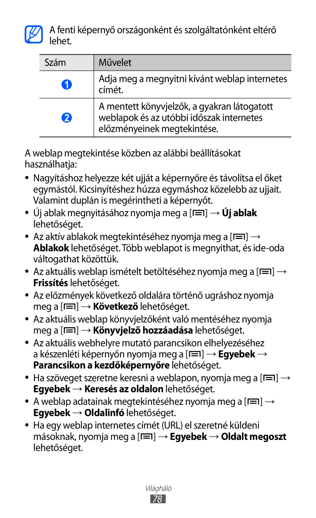 Samsung GT-S5570EGIPAN, GT-S5570EGIITV, GT-S5570CWIDBT, GT-S5570CWIITV, GT-S5570AAIDBT, GT-S5570EGIDBT manual Világháló 