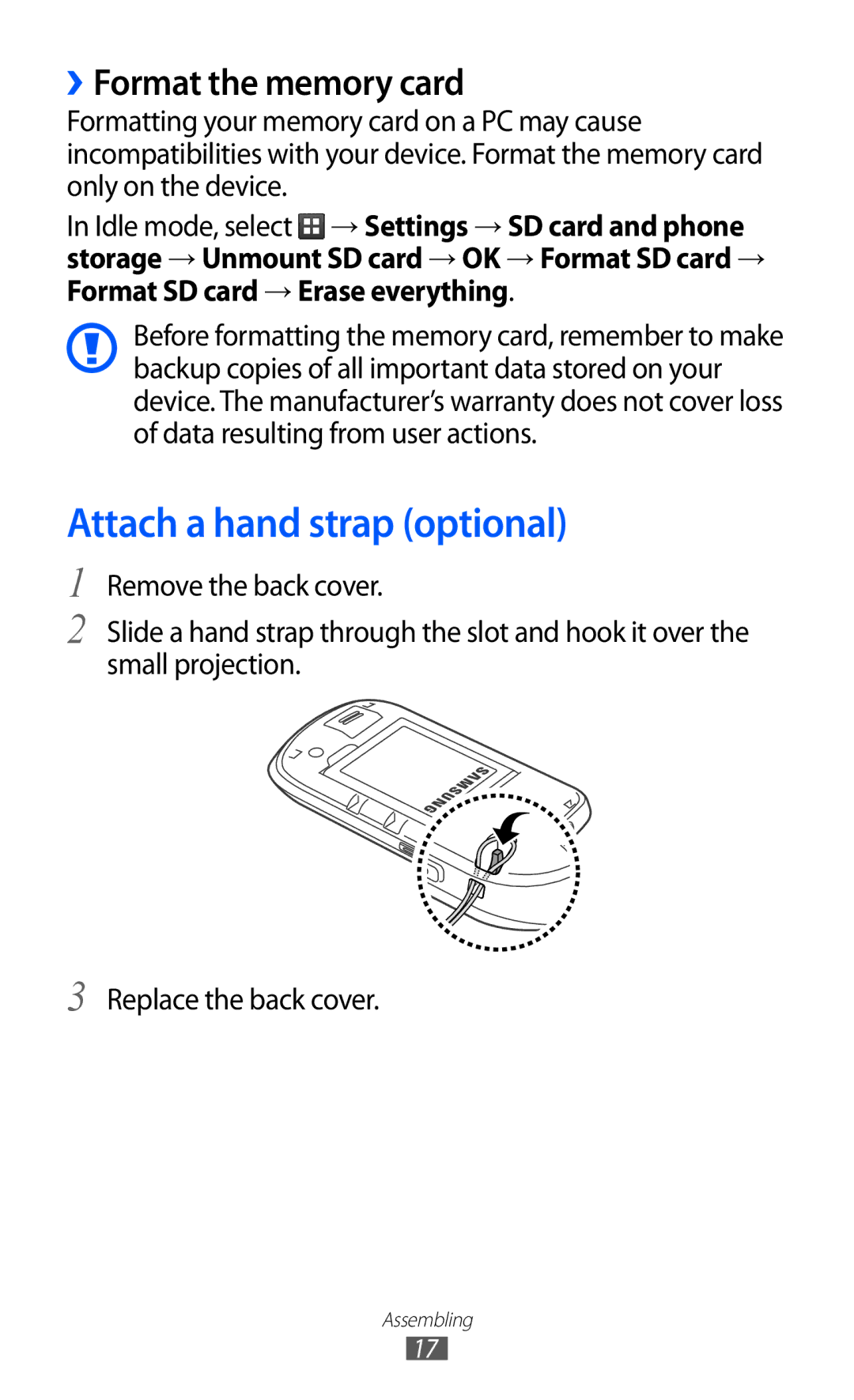 Samsung GT-S5570EGITHR, GT-S5570EGIKSA, GT-S5570EGIMID manual Attach a hand strap optional, ››Format the memory card 