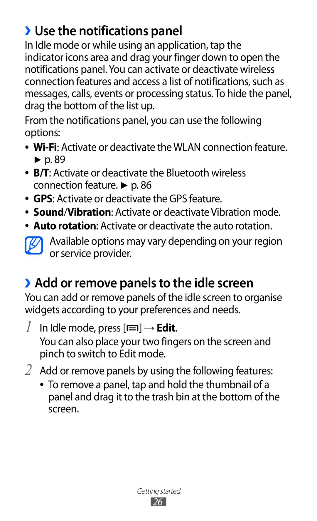 Samsung GT-S5570AAITHR, GT-S5570EGIKSA manual ››Use the notifications panel, ››Add or remove panels to the idle screen 