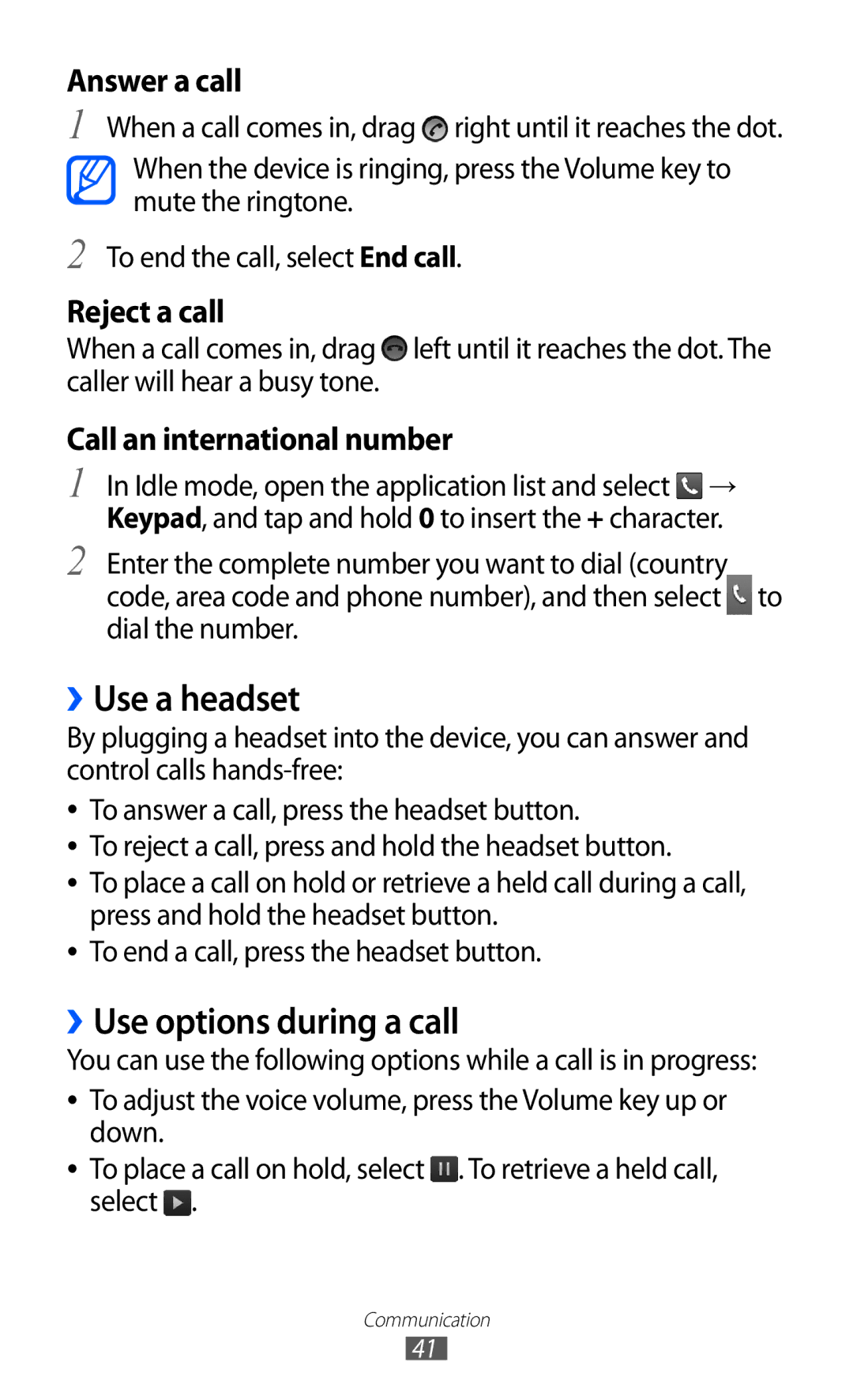 Samsung GT-S5570MOIAFR, GT-S5570EGIKSA, GT-S5570EGIMID, GT-S5570MOIEGY manual ››Use a headset, ››Use options during a call 