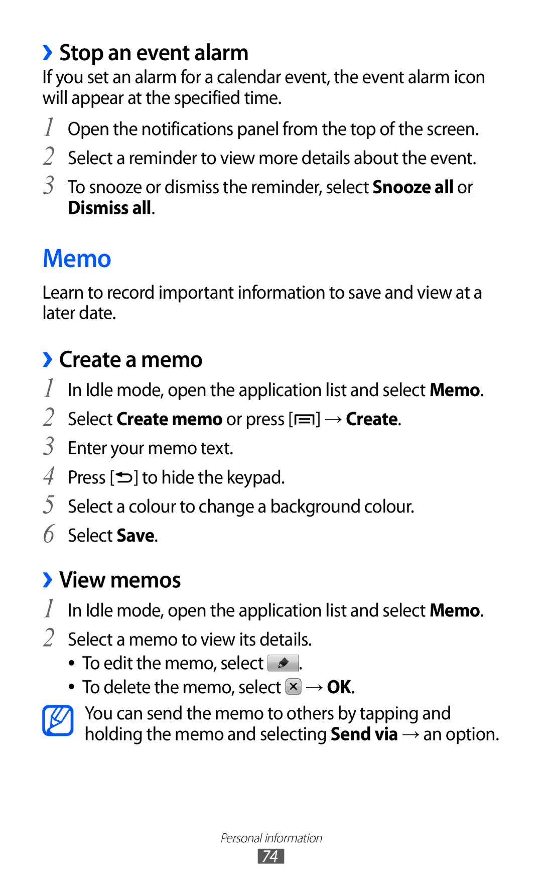 Samsung GT-S5570AAIXSG, GT-S5570EGIKSA manual Memo, ››Stop an event alarm, ››Create a memo, ››View memos, Dismiss all 